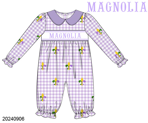 PRE-ORDER 39 Winter & More: Mardi Pardi Name Smock Long Sleeves Collared Romper (ETA: December to KS then to customers)