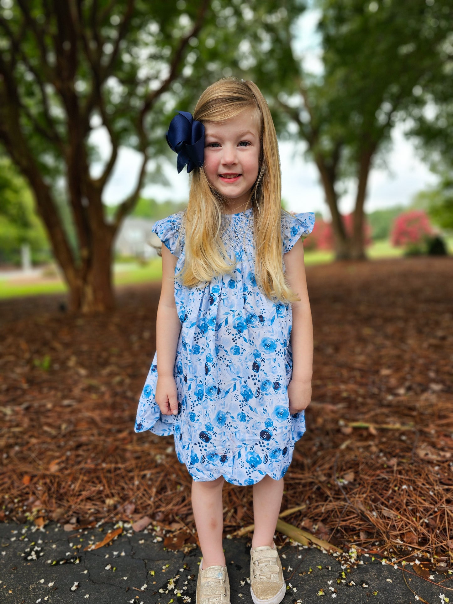 Blue Rose & Slate Dress w/ Faux Pearls