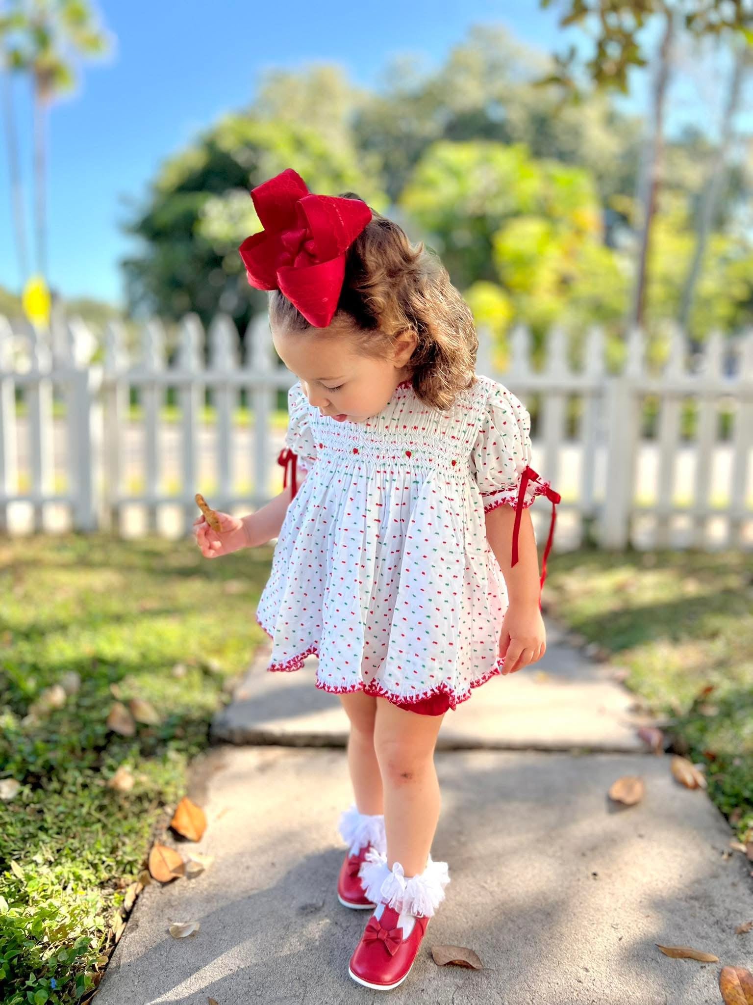 white christmas dresses Girls White Heirloom Christmas Dress with Red Satin Bows