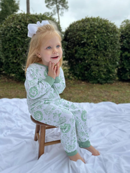 RTS KS Christmas: KS Christmas Toile Ruffled One Piece Knit Pajamas