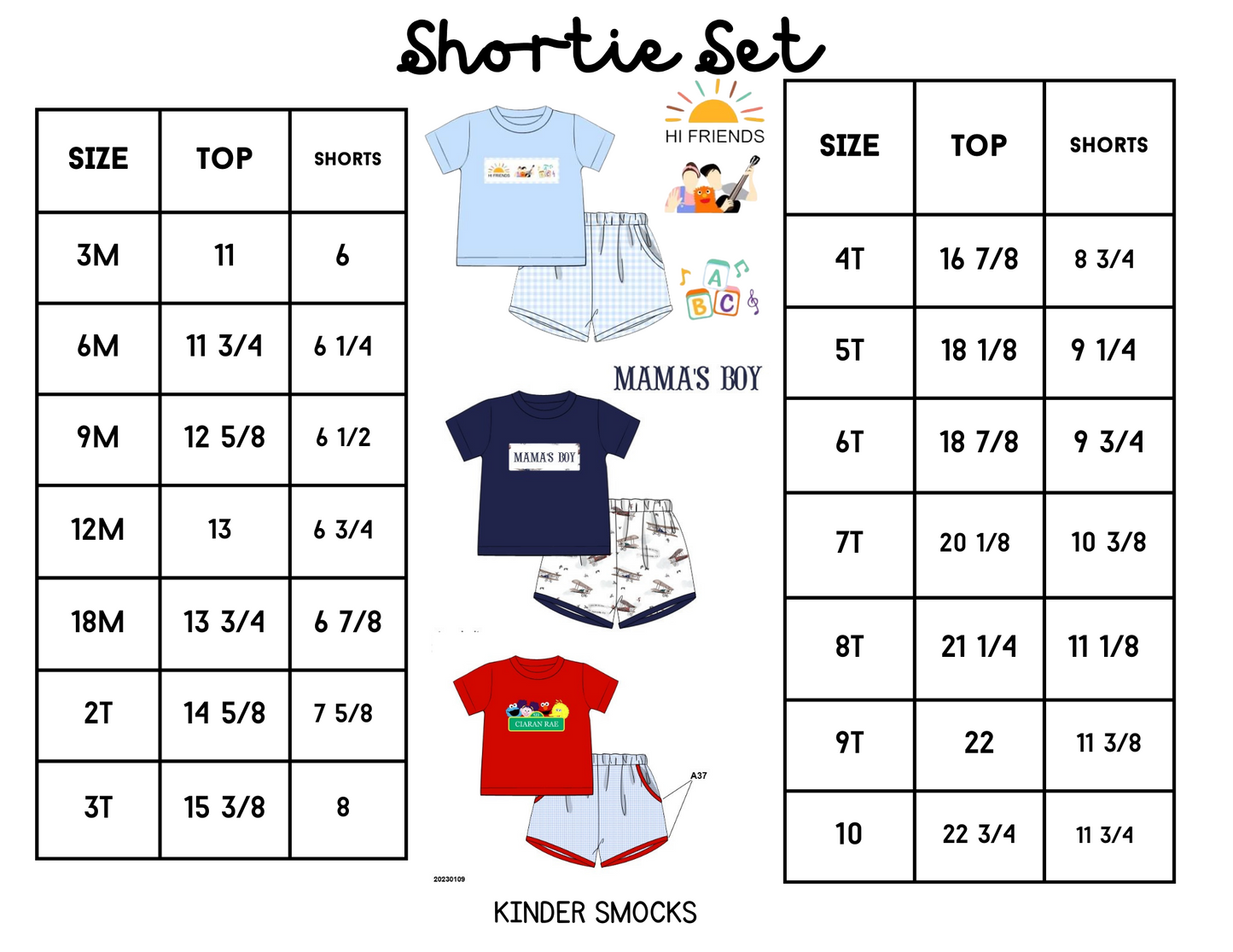 Shortie Sets Size Charts