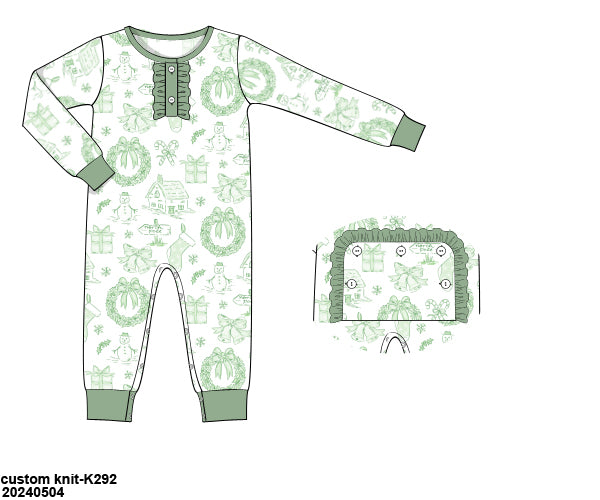 RTS KS Christmas: KS Christmas Toile Ruffled One Piece Knit Pajamas