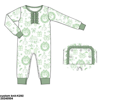 RTS KS Christmas: KS Christmas Toile Ruffled One Piece Knit Pajamas