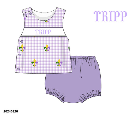 PRE-ORDER 39 Winter & More: Mardi Pardi Name Smock Short Sleeves Diaper Set (ETA: December to KS then to customers)