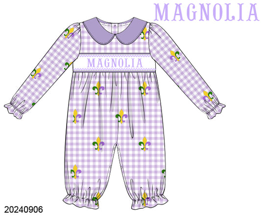 PRE-ORDER 39 Winter & More: Mardi Pardi Name Smock Long Sleeves Collared Romper (ETA: December to KS then to customers)