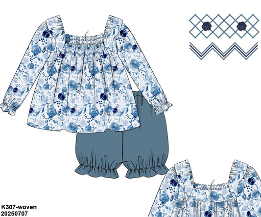 PRE-ORDER 39 Winter & More: Blue Rose and Slate Floral Bubble Shorts Set (ETA: December to KS then to customers)