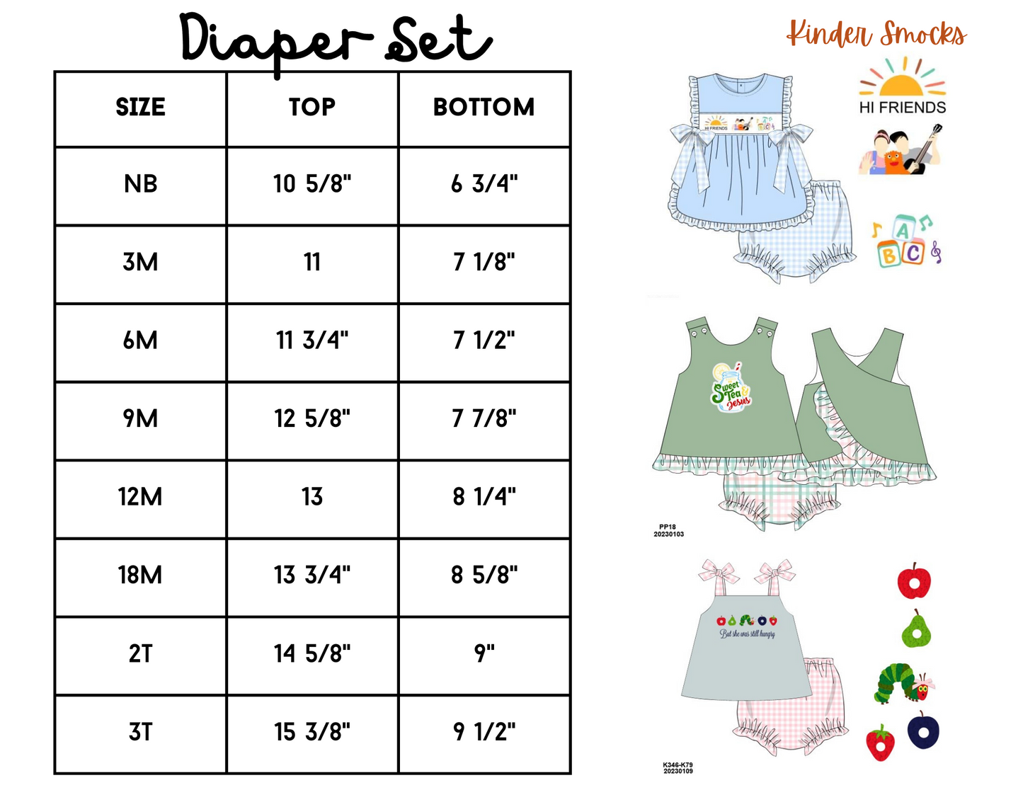 Diaper / Bloomer Sets Size Charts