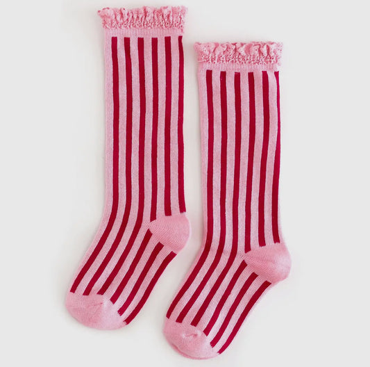 Little Stocking Co Candy Stripe Lace Top Knee High Socks (ETA - Mid November to KS then to customers)