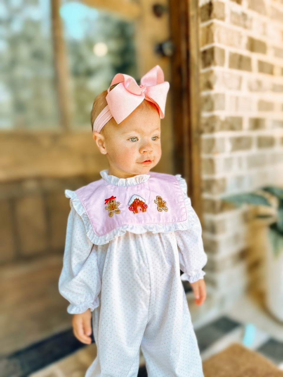 RTS KS Christmas: French Knot Gingerbread Ruffled Romper (ships in 3-5 business days)