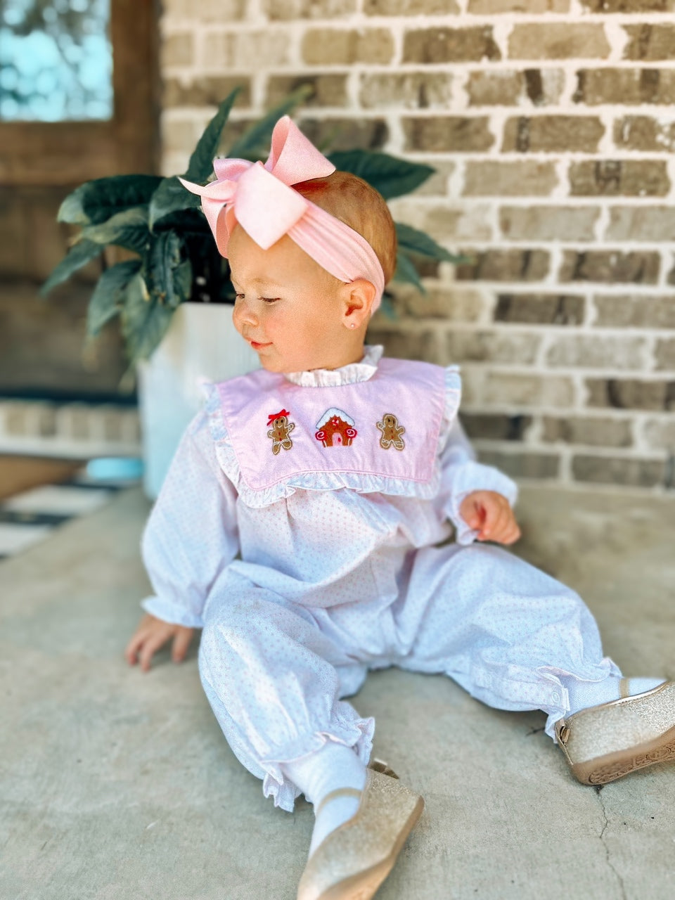 RTS KS Christmas: French Knot Gingerbread Ruffled Romper (ships in 3-5 business days)