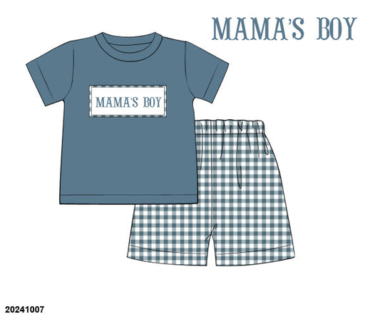 RTS: Blue Rose and Slate Smocked "MAMA'S BOY" Shortie Set (ships in 3-5 business days)