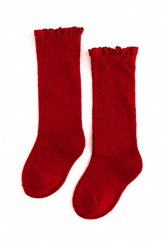 Little Stocking Co Bright Red Fancy Lace Top Knee High Socks (ETA - Mid November to KS then to customers)